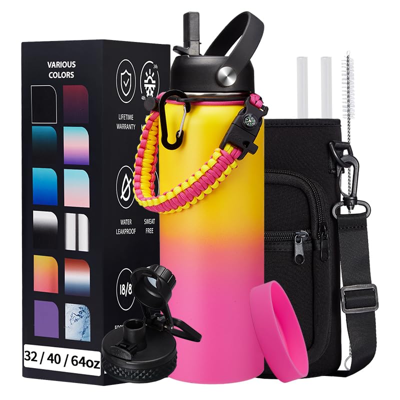 40OZ Insulated Stainless-Steel Water Bottle - Reusable Metal Water Bottles with Straw & Spout Lids  Paracord Handle & Bottle Carrier Pouch  Leakproof Workout Water Bottle Flask for Women Men